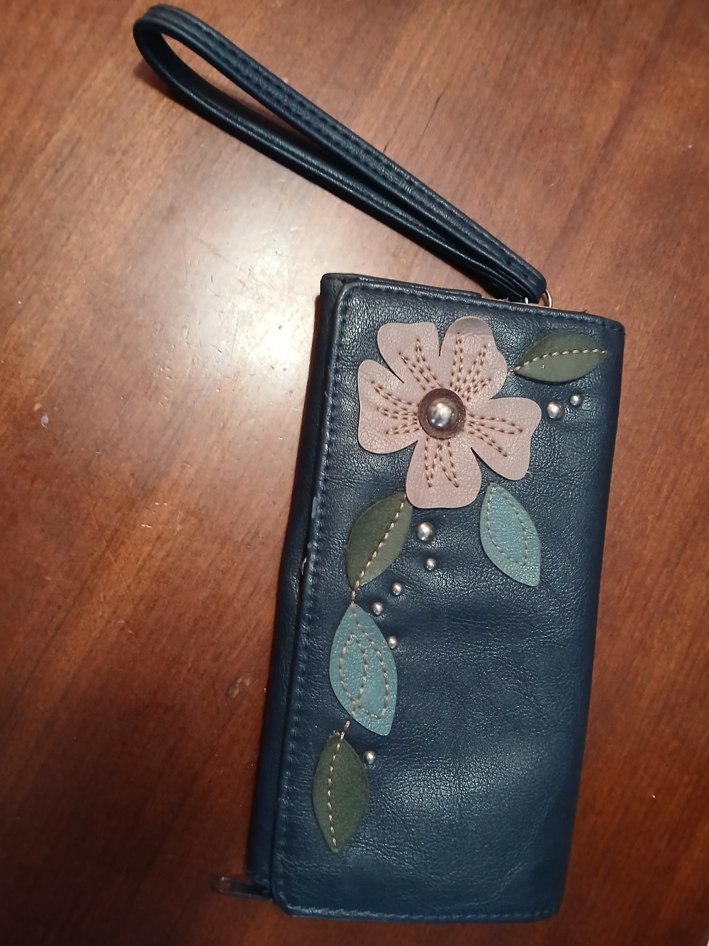 Relic Navy Wristlet Wallet with Pink Floral Applique
